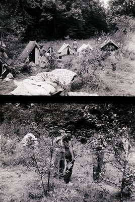 Mid-20th century mountain camping scene: tents pitched in forested clearing, stacked blankets on rocks. Below, hikers in util...