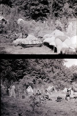 Mid-20th century camping scene in dense woodland. Top: Child reclines on striped blanket beside canvas tent. Bottom: Group ga...