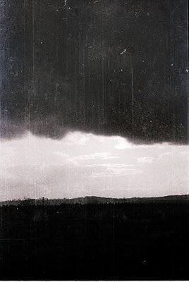 High-contrast black-and-white landscape shot through vertical window panes, revealing a horizon with dense forest and a low-h...