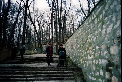 Vintage black-and-white photo of a stone staircase flanked by a weathered wall and bare trees, likely Eastern Europe, 1970s-8...