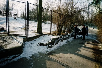 Snow-covered urban park pathway with concrete barrier, flanked by leafless trees and chain-link fencing. Two figures in winte...