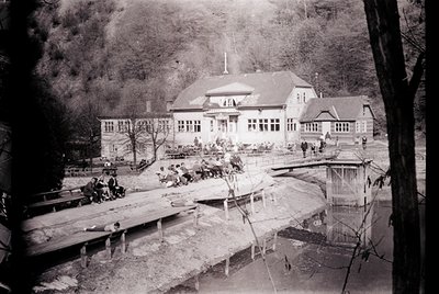 Historic lakeside resort with Art Nouveau-style building featuring arched windows and a central tower. Wooden dock extends in...