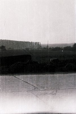 Vintage black-and-white photo of a rural landscape featuring a reflective water surface, likely a pond or slow-moving river. ...