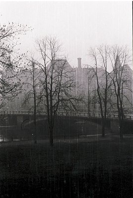 Urban park scene with leafless trees framing a modernist building complex. Brick facade, flat roof, and minimalist design sug...