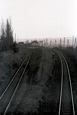 Curved railway track disappearing into misty horizon with utility poles and sparse vegetation. Mid-20th century industrial la...