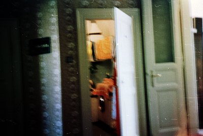 Vintage reflection in a mirrored hallway door showing a blurred figure in red trousers and a white top, framed by dark wallpa...