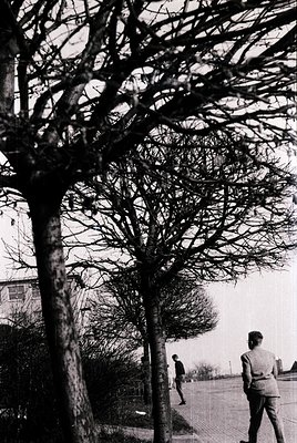 Blown-out tree branches frame two figures walking in an open, possibly urban park. The man in the foreground wears a light ja...