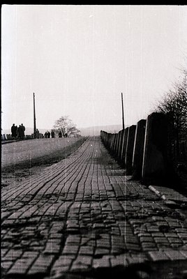 Cobblestone pathway flanked by concrete barriers, leading toward a distant crowd. Mid-20th century urban or memorial setting,...