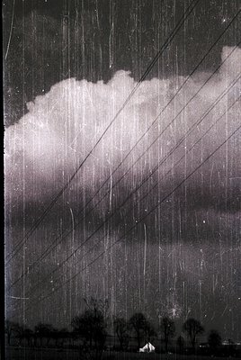 Heavy rain streaks vertical power lines against a stormy sky, with silhouetted trees below. Classic black-and-white compositi...