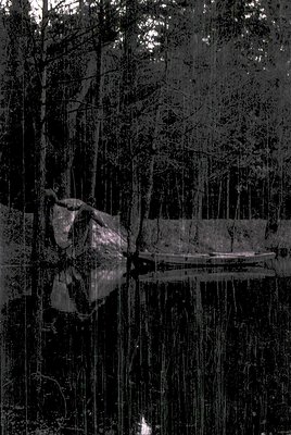 Vintage black-and-white photo of a lone wooden rowboat docked in a serene, reflective pond surrounded by dense forest. Distor...