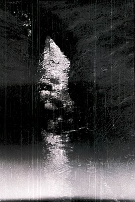 Silhouetted figure standing in a rain-soaked forest clearing, reflected in shallow water. Monochrome composition highlights t...