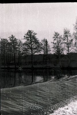 Vintage black-and-white photo of a serene, reflective pond bordered by leafless trees, likely autumn/winter. Distant building...