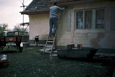 Man repairs plaster on a rural house using a ladder, 1960s-70s. Single-story structure with whitewashed walls and wooden-fram...