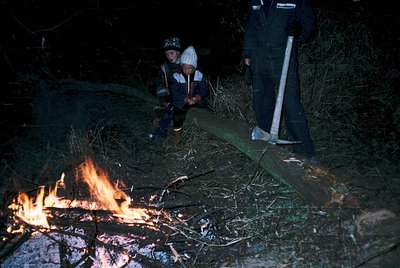 Nighttime campfire scene with two children and an adult by a small fire in a grassy, wooded area. Children sit on a rock, bun...