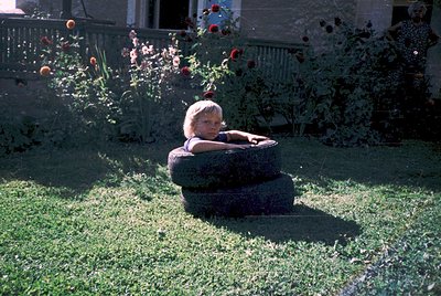 Child sits on vintage tire planter in sunlit backyard, surrounded by blooming roses and flowering shrubs. Mid-20th century re...