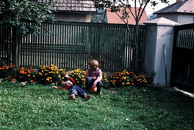 Two children play in a vibrant garden bordered by a green picket fence, surrounded by blooming orange and yellow flowers. Mid...