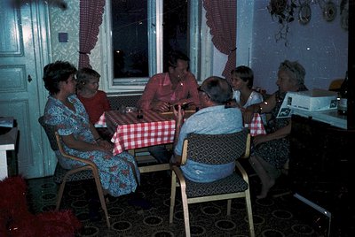 Mid-century dining scene with five adults seated around a table covered in a red-and-white checkered cloth. Patterned curtain...