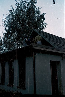 Two workers in safety gear repair a sloped roof on a weathered concrete building, surrounded by dense coniferous trees. The s...