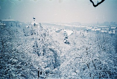 Vintage monochrome winter landscape featuring snow-laden trees and distant rooftops. The hazy, sepia-toned filter suggests mi...