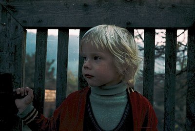 Young child in vintage sweater and turtleneck gazes through rustic wooden fence, framed by natural light. Mid-20th century ru...