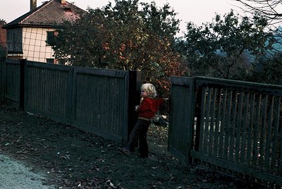 Child in red sweater leans against weathered wooden fence, peering through gaps. Residential house with brick facade and tile...