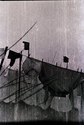 Vintage black-and-white photo of a rooftop with sagging, weathered tarps covering structural damage. Visible utility poles, a...