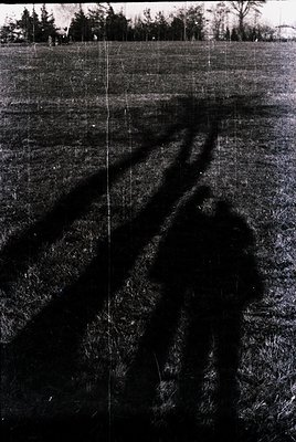 Vintage black-and-white photo of a lone horse’s shadow cast on grassy terrain, likely mid-20th century. The shadow’s elongate...