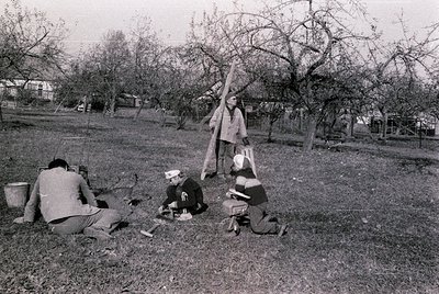Mid-20th century black-and-white photo of three adults and a child in a rural orchard, likely Eastern Europe. Barren trees su...