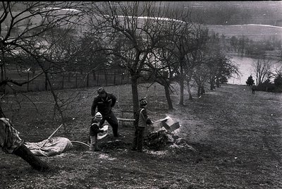 Mid-20th century rural scene: three men in heavy workwear (overalls, caps) tend a smoldering pile of cut branches in a leafle...