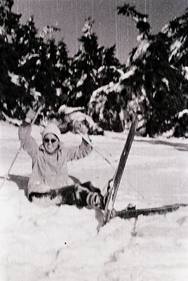 Mid-20th century skier mid-fall in powdery snow, arms outstretched. Snow-laden pine trees frame the scene, suggesting a fores...