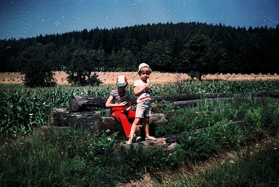 Vintage 1960s rural scene: two children pose on stone ledge in lush green field, one holding a red-and-white striped cup. For...