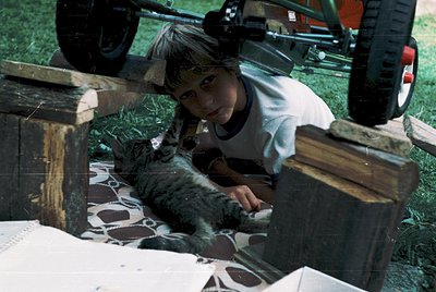 A young child in a white T-shirt and dark shorts tenderly pets a grey tabby cat inside a wooden crate lined with patterned ca...