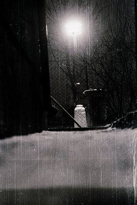 Black-and-white street scene captured through rain-splattered glass. A single streetlamp illuminates bare winter trees and a ...