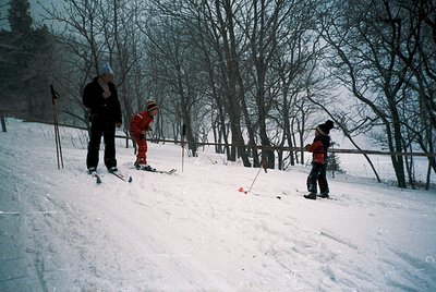 Three skiers on a groomed slope, likely a cross-country trail. The adult in black and white gear appears to instruct two chil...