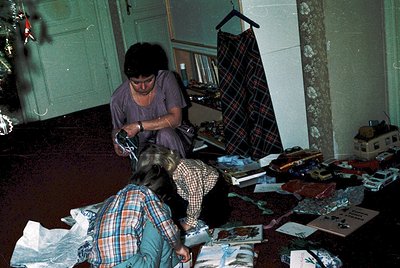 A woman and child unpacking in a mid-century interior. Wooden cabinetry, plaid curtains, and scattered cardboard boxes sugges...