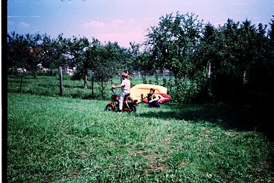 Vintage photo of a child riding a small red tractor pulling a yellow trailer with two seated children in a rural orchard. Lus...