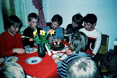 Vintage family gathering around a round table with blue-and-white floral plates, a cake centerpiece, and yellow daffodils in ...