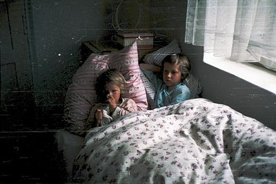 Two children peek from under floral-patterned bedding in a dimly lit bedroom, illuminated by sunlight streaming through a cur...