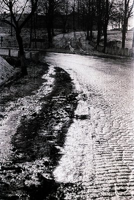 Black-and-white street scene featuring a wet cobblestone road with a distinct, deep groove down the center. Stone retaining w...