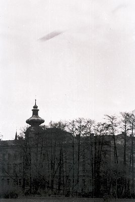 Historic European building with ornate onion dome and barren winter trees. Architectural style suggests 19th-century influenc...