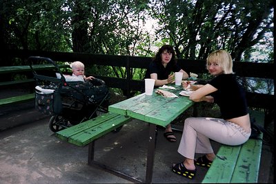 Three adults and a baby share a casual outdoor meal at a park bench table, 1990s-2000s. Green-painted wooden bench with worn ...