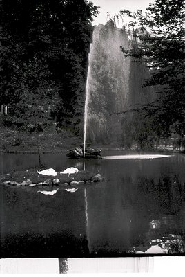Vintage black-and-white shot of a powerful waterfall cascading into a still pool, surrounded by dense forest. The mist create...