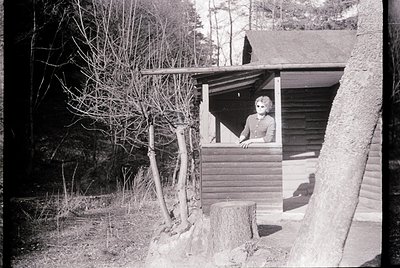 Mid-century wooden cabin perched on rocky terrain, framed by leafless trees. Woman in 1960s-style dress poses at open window....