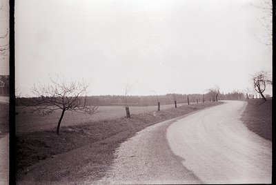 Vintage black-and-white rural road winding through an open field with sparse trees and leafless branches, suggesting late aut...