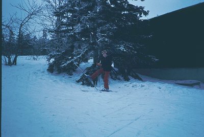 Skier in vintage winter gear poses on groomed trail surrounded by snow-laden evergreens. Bright orange ski pants and dark jac...