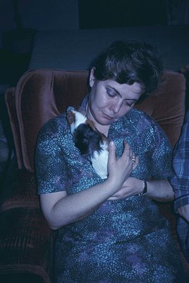 Intimate portrait of a woman cradling a small black-and-white kitten in a patterned blouse, seated in low-light indoor settin...
