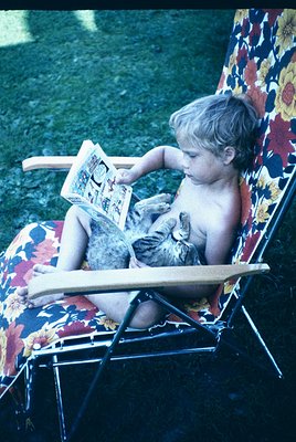 Vintage mid-century outdoor scene: a young child in a floral-patterned deck chair reads a comic book while a striped tabby ca...