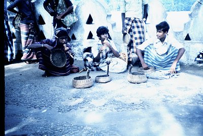 Vintage street scene featuring three individuals engaged in traditional rice processing. A man grinds rice with a manual mort...