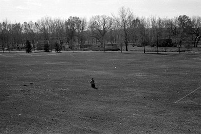 A wide shot of a large, open grassy field with a single small child standing in the center. A line of leafless trees and a lo...