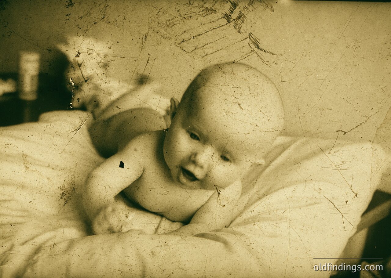 Vintage sepia-toned portrait of an infant in a simple, high-collared garment, lying on a flat surface with visible wear. The image appears aged with visible scratches and creases, suggesting archival quality.